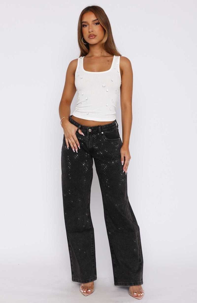 White Fox Luna Low Rise Wide Leg Jeans Washed Black | EIGZFN-857