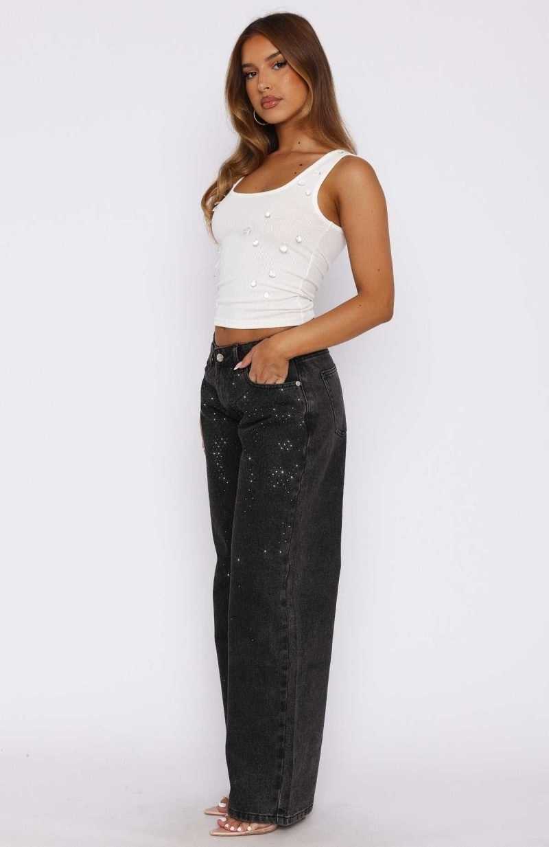 White Fox Luna Low Rise Wide Leg Jeans Washed Black | EIGZFN-857