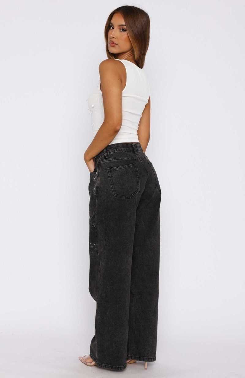White Fox Luna Low Rise Wide Leg Jeans Washed Black | EIGZFN-857