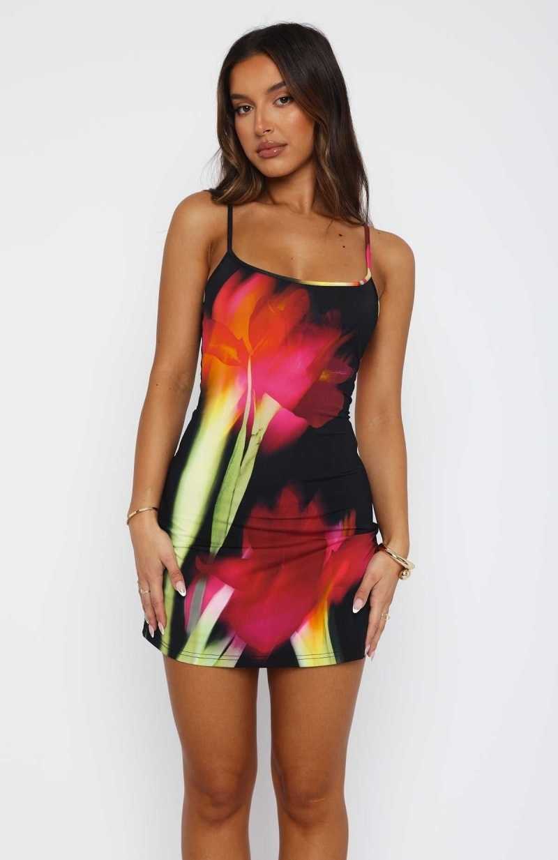 White Fox Maybe Later Mini Dress Licorice Blossom | EXUCVR-324