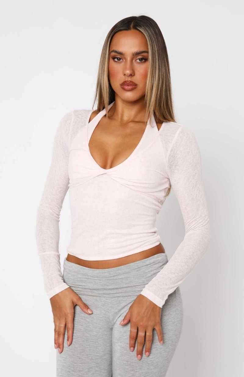 White Fox Mentally Here Long Sleeve Top Baby Pink | CYRNWM-398