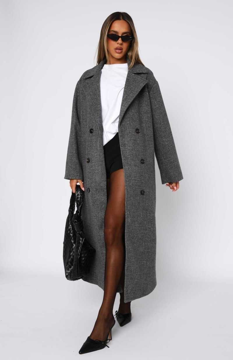White Fox Modern Edge Oversized Coat Charcoal | WQBHYM-892