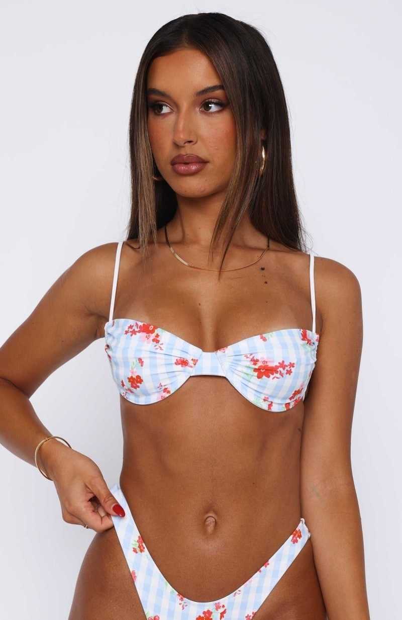 White Fox More Than A Dream Bikini Top Blue Gingham Floral | QUEODT-436