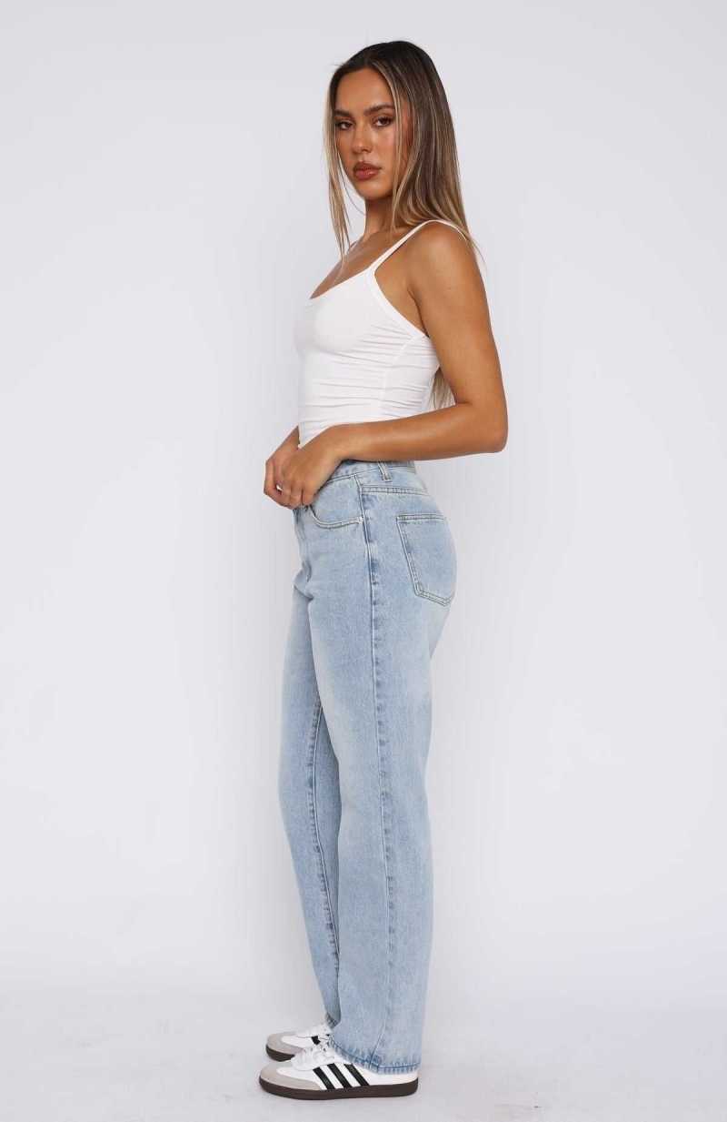 White Fox Natalie Mid Rise Straight Leg Jeans Light Blue | QFCBYG-038
