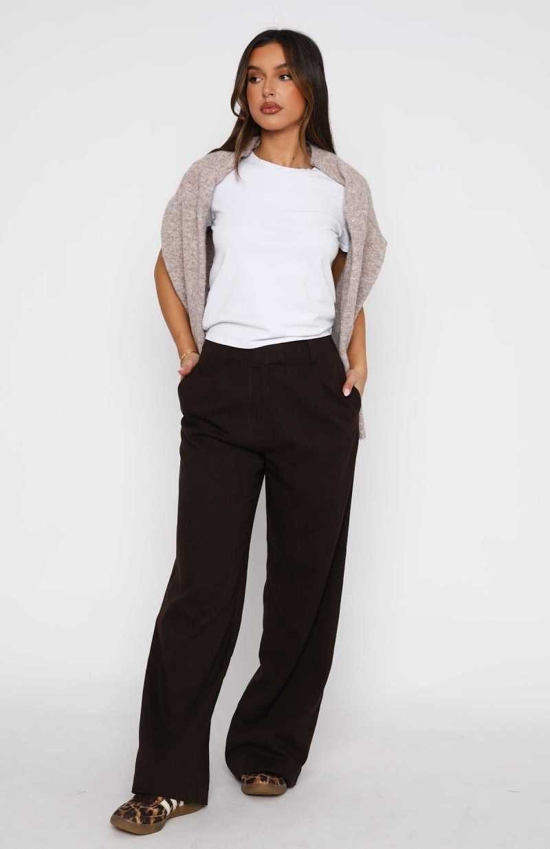White Fox No One's Fault Tailored Linen Pants Espresso | PDVASU-960