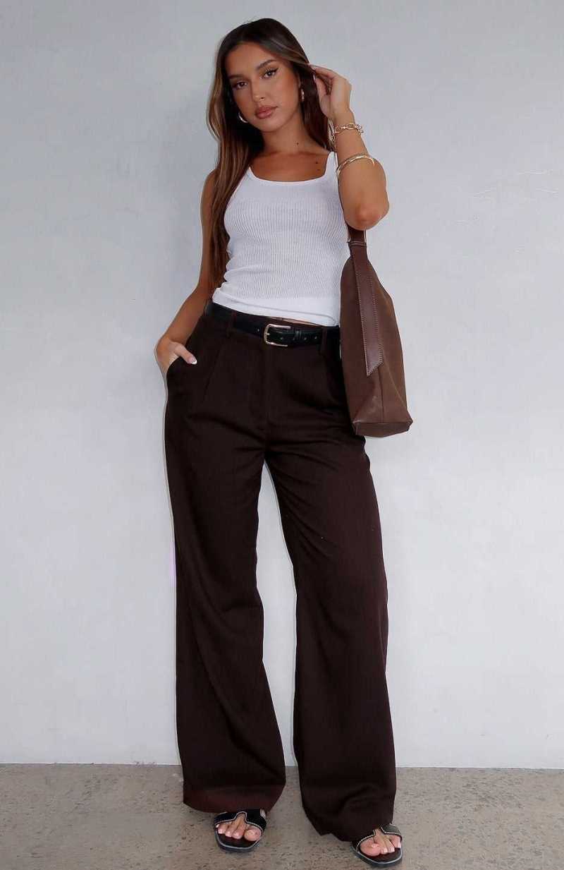 White Fox No One's Fault Tailored Linen Pants Espresso | PDVASU-960