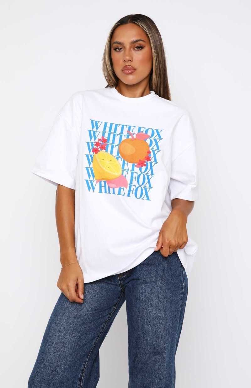 White Fox Oh So Sweet Oversized Tee White/Blue | APHGMB-947