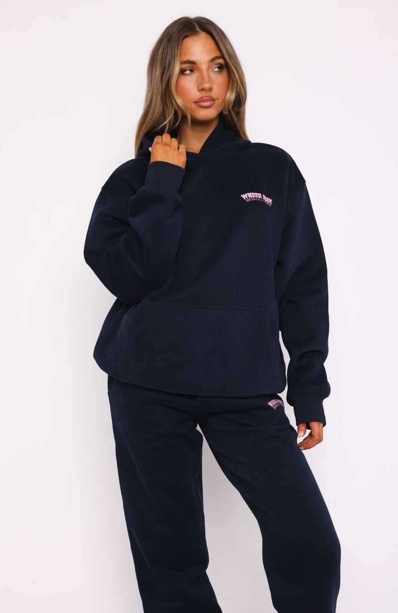 White Fox Out Of Line Oversized Hoodie Navy | QRLBPK-973