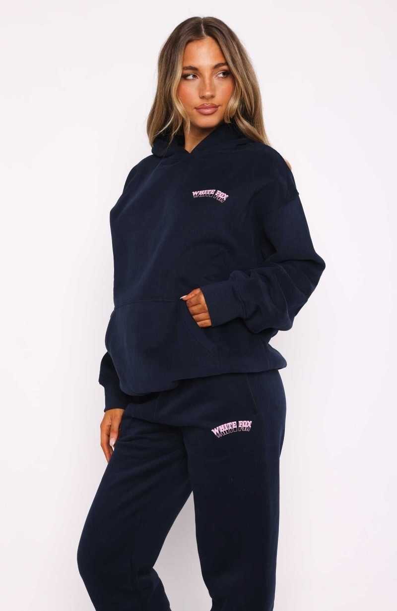 White Fox Out Of Line Oversized Hoodie Navy | QRLBPK-973