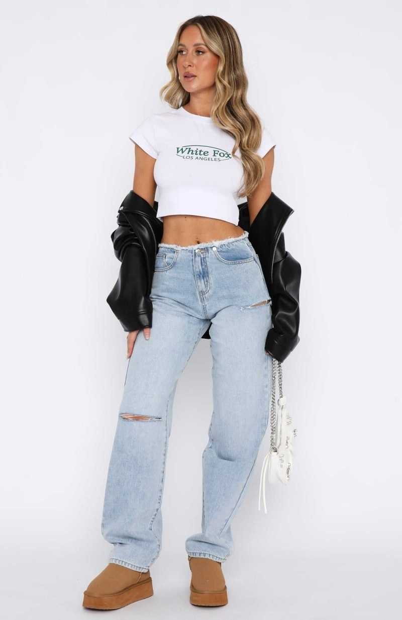White Fox Out Too Late Mid Rise Straight Leg Jeans Vintage Mid Blue | JAOWEZ-672