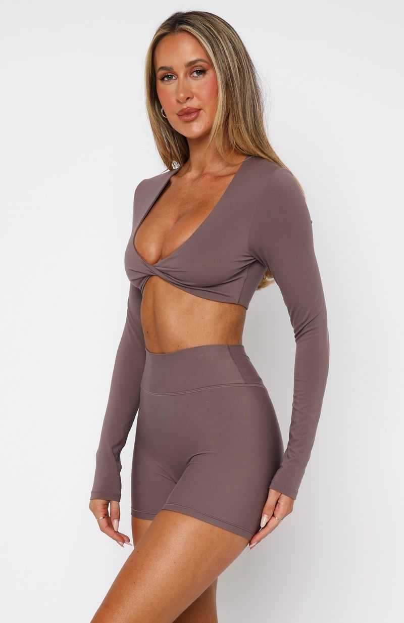 White Fox Over The Line Long Sleeve Crop Cocoa | ZFJLQV-745