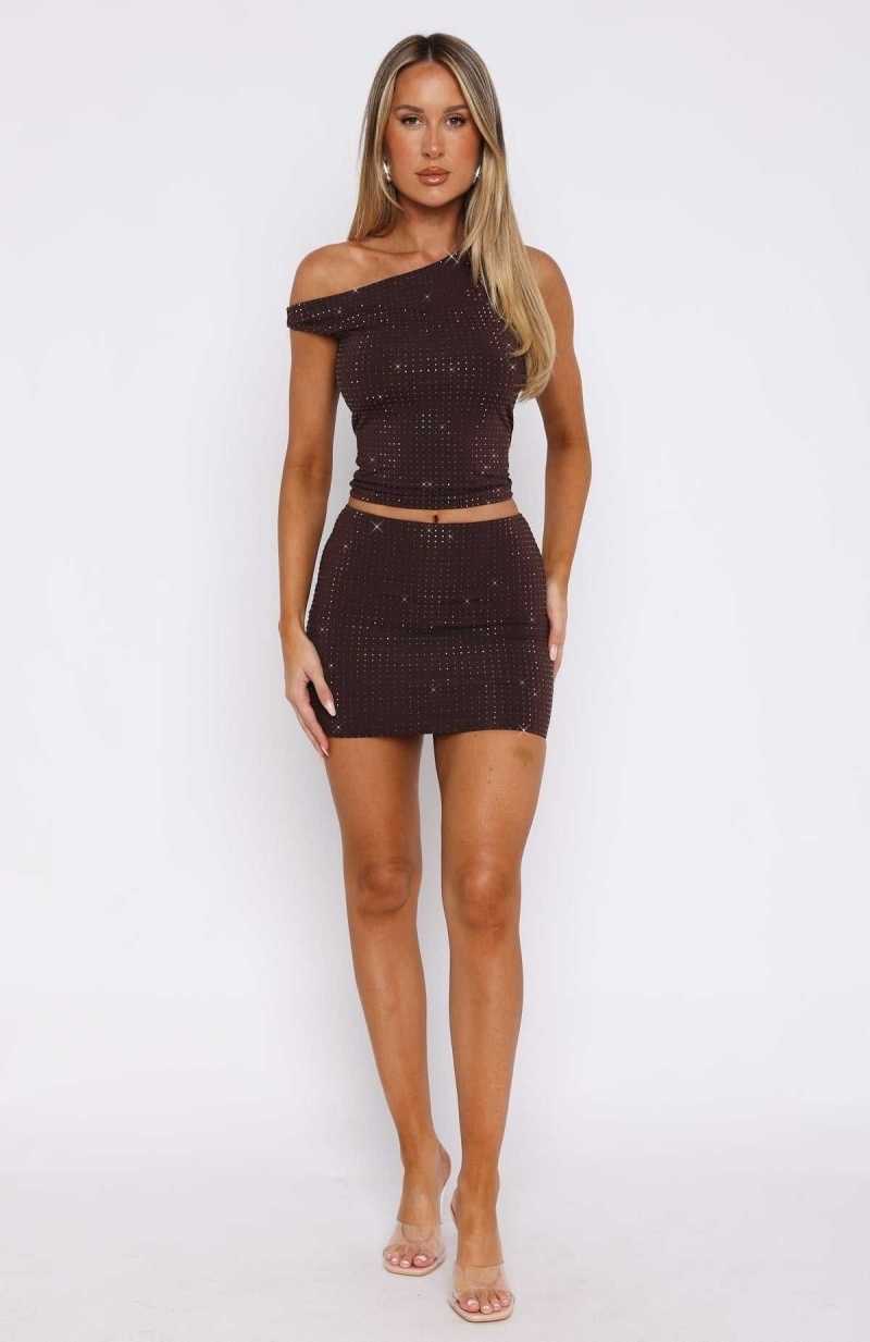 White Fox Pop Prism Embellished Mini Skirt Chocolate | YUVDWL-657