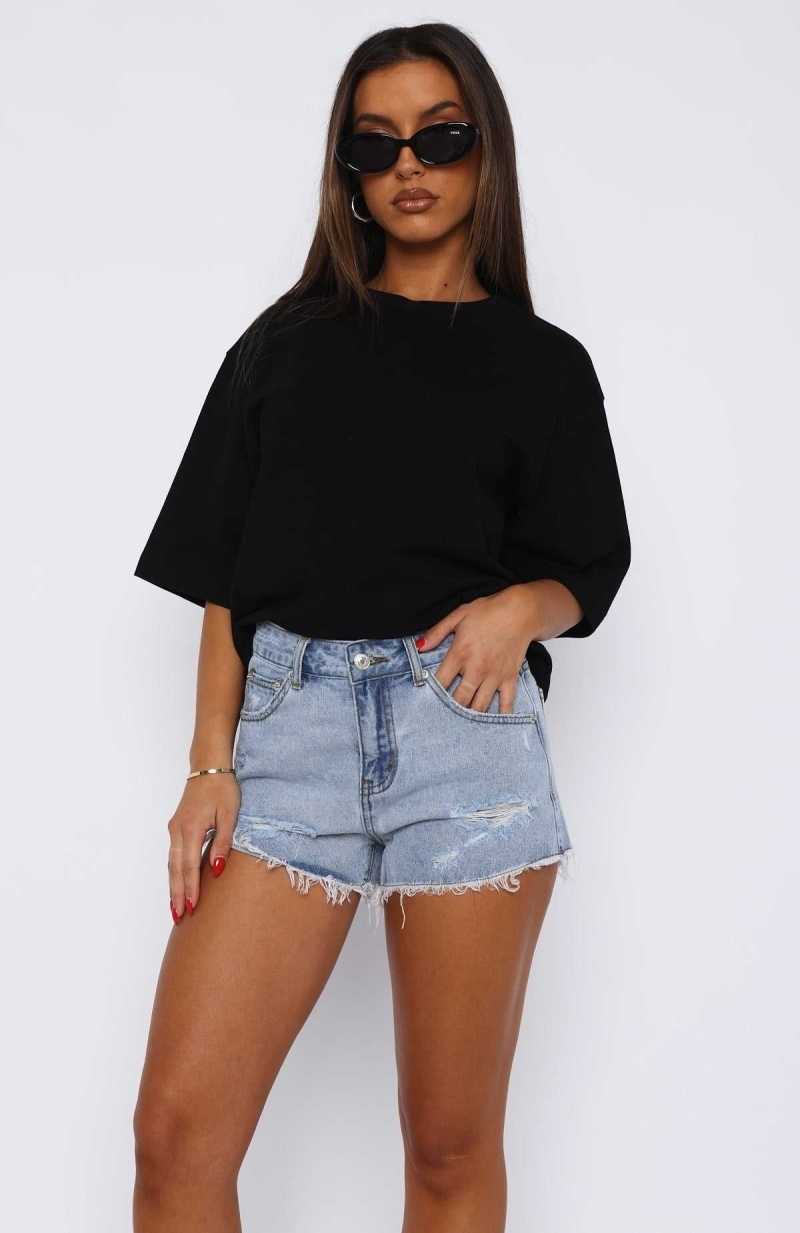 White Fox Push My Buttons Denim Shorts Mid Blue | IAOQWT-139