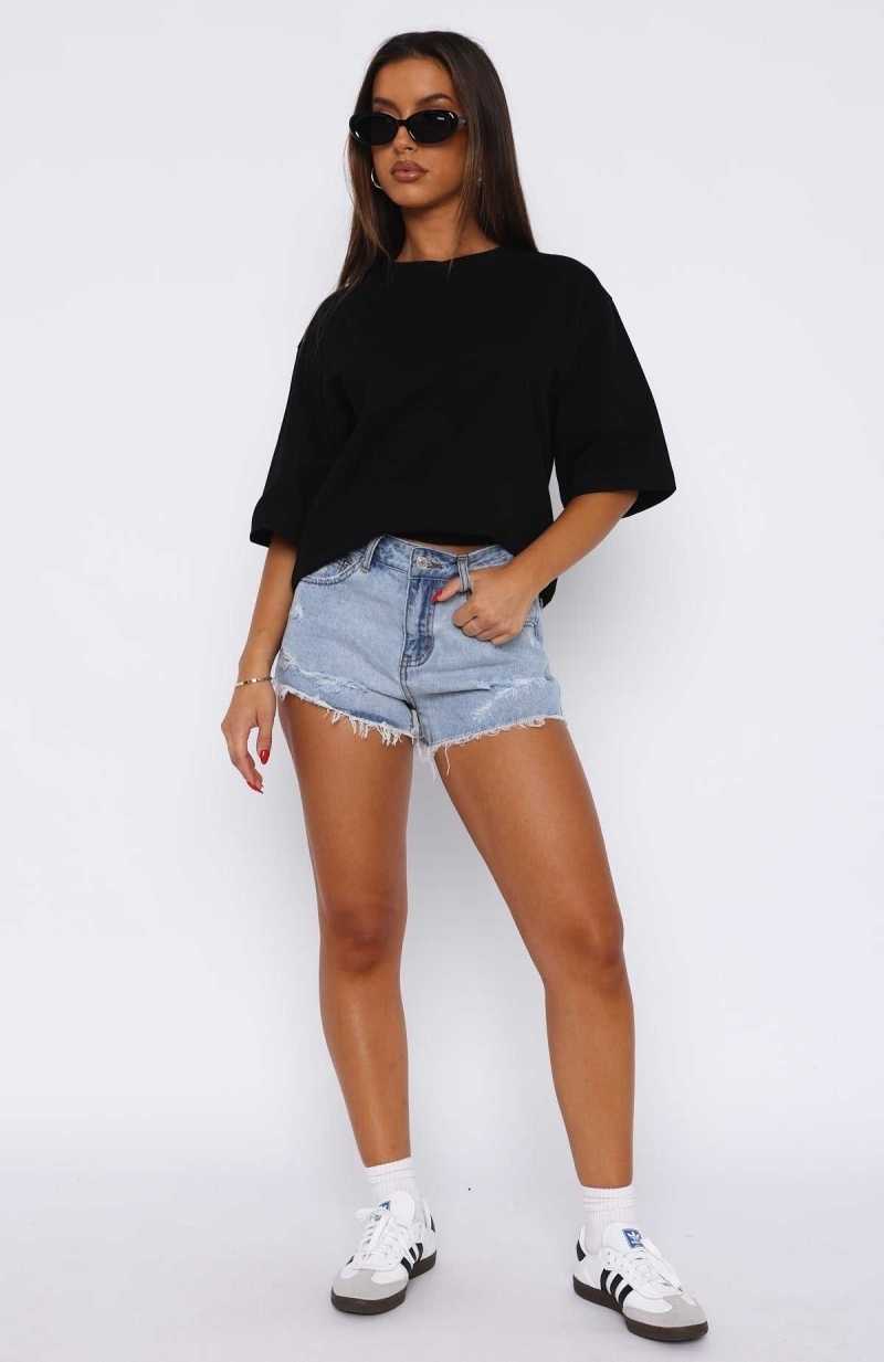 White Fox Push My Buttons Denim Shorts Mid Blue | IAOQWT-139