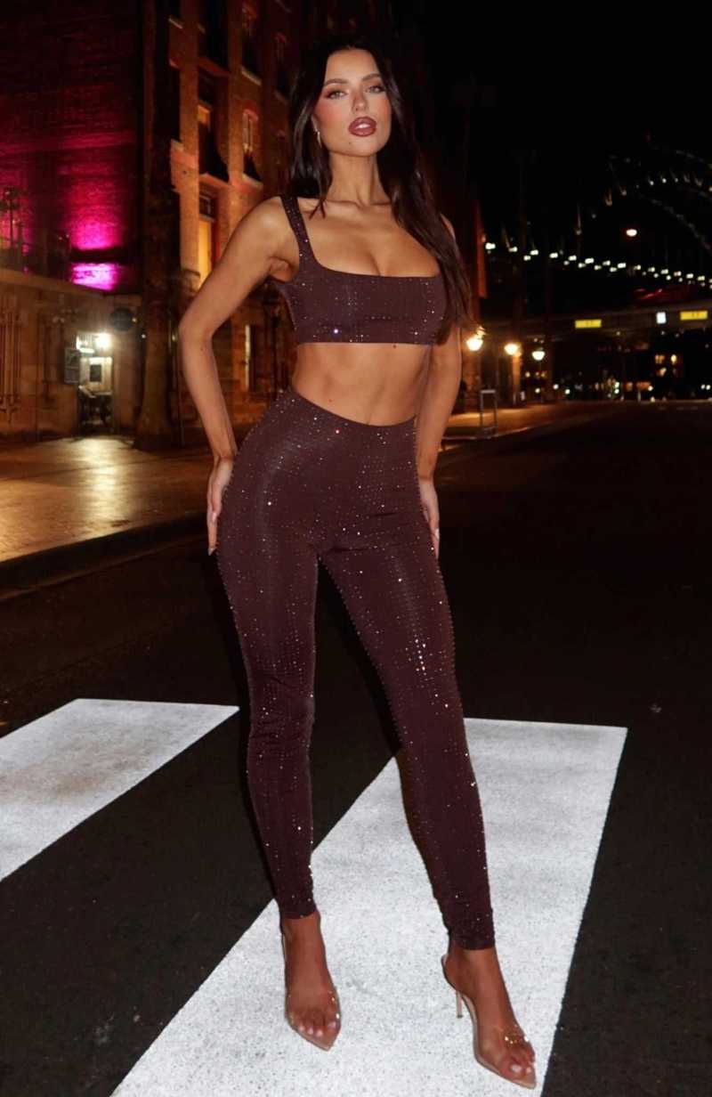 White Fox Running Late Embellished Pants Chocolate | ETSIFL-670