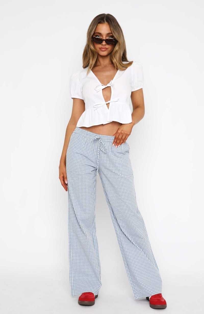 White Fox Running To You Pants Blue Gingham | OEMDKC-670