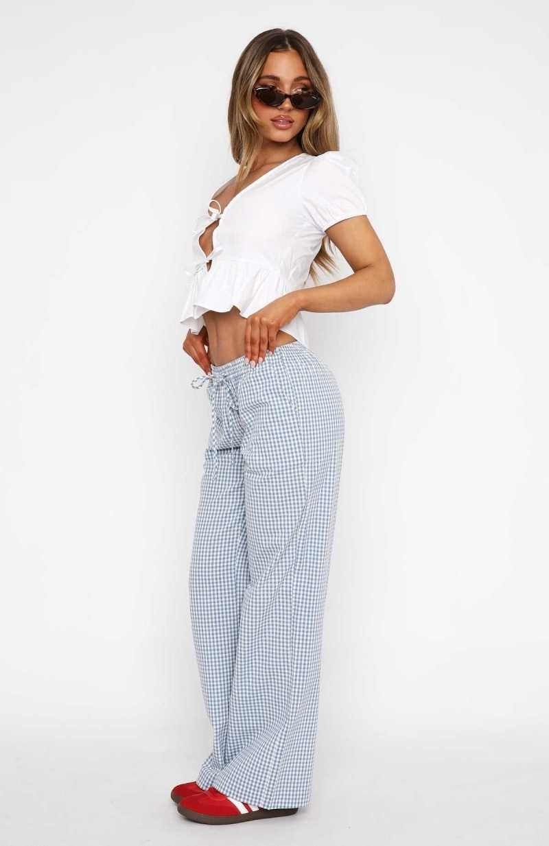 White Fox Running To You Pants Blue Gingham | OEMDKC-670