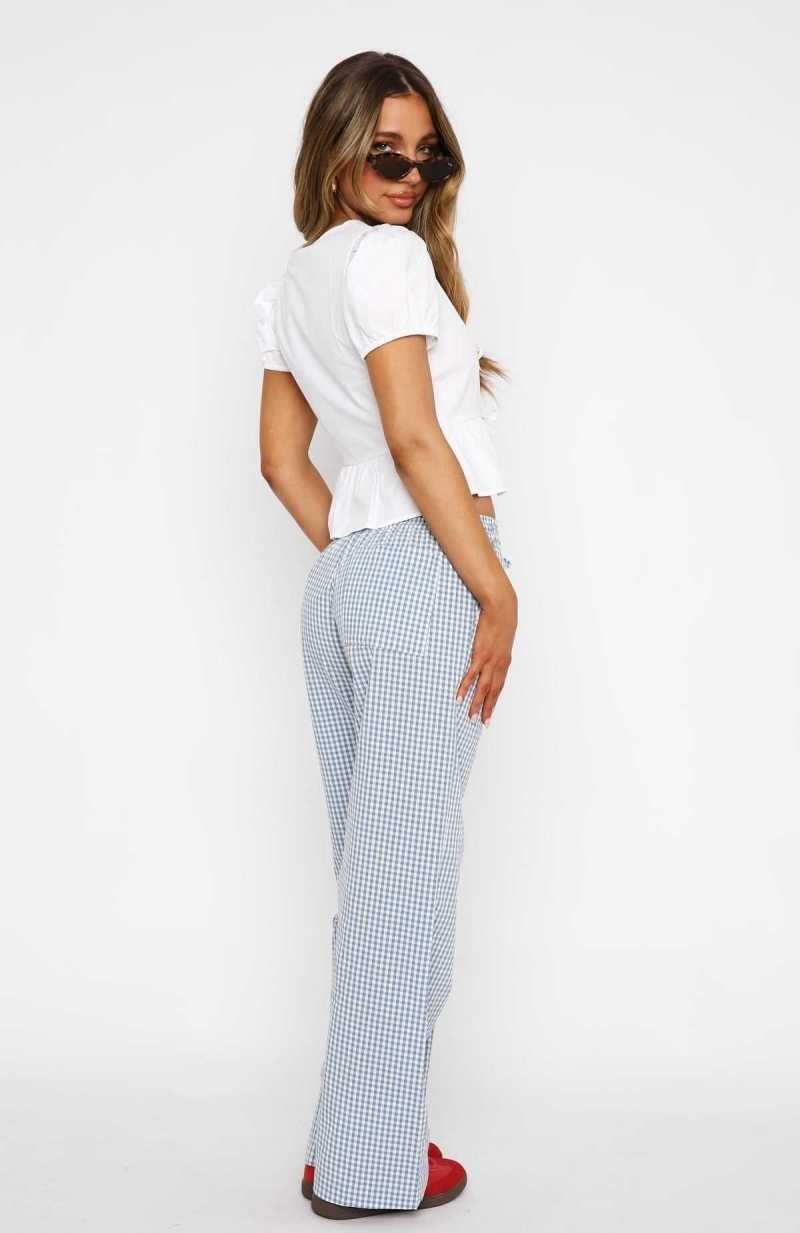 White Fox Running To You Pants Blue Gingham | OEMDKC-670