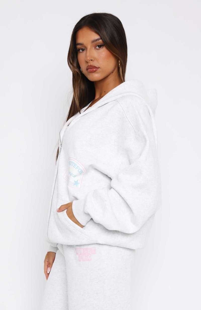 White Fox Save My Number Zip Front Hoodie Grey Marle | IJEBRV-247