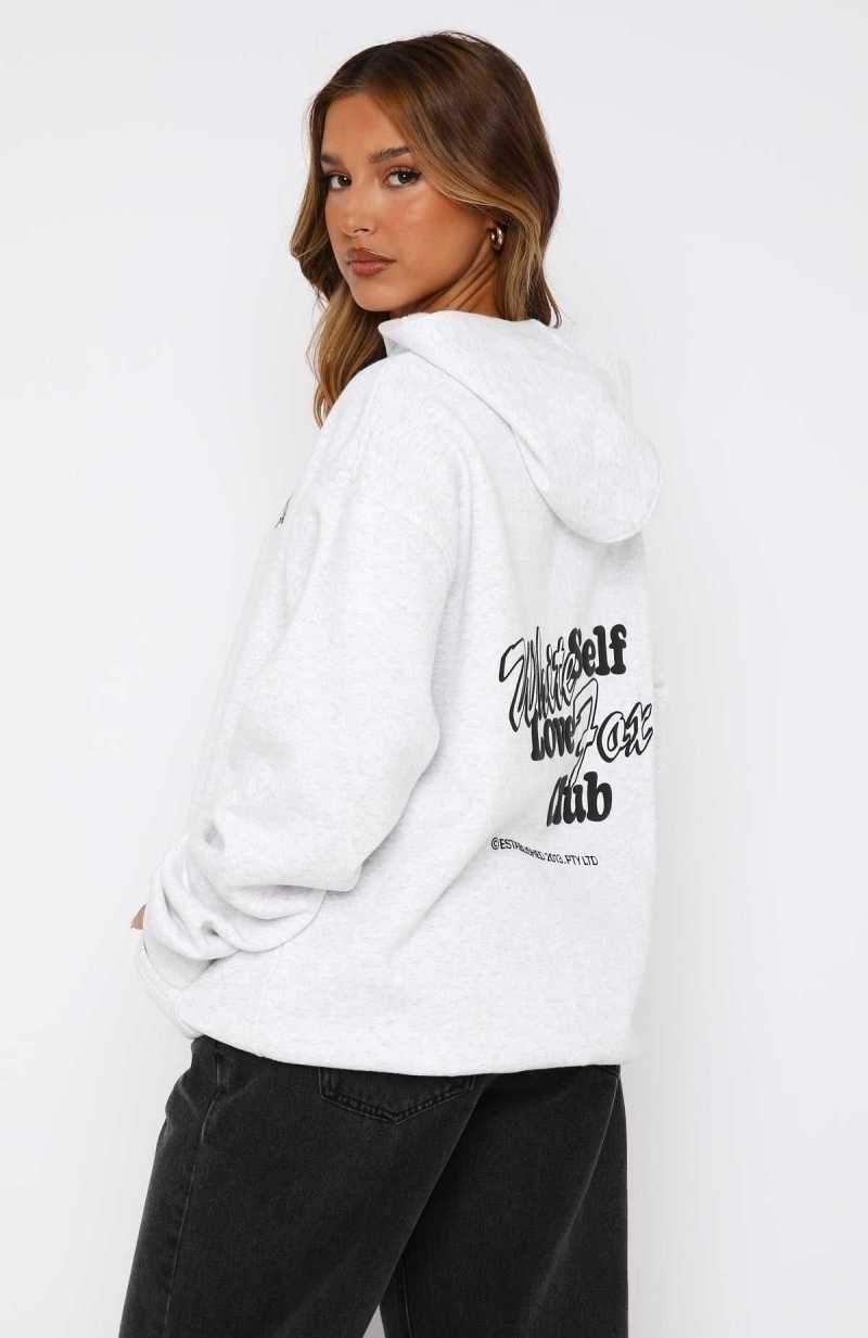 White Fox Self Love Always Oversized Hoodie Grey Marle | ORGTYN-475