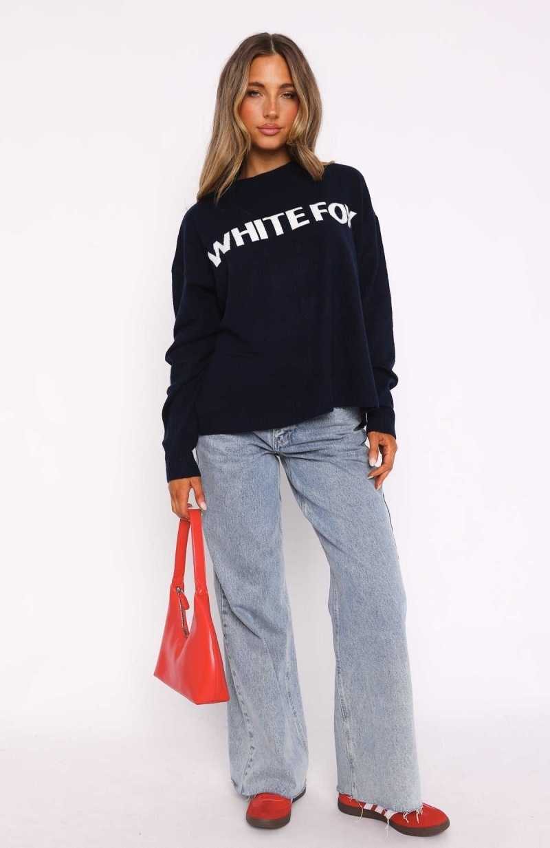 White Fox Set Me Free Knit Sweater Navy | NLADEM-023