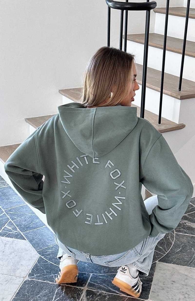 White Fox Stay Lifted Oversized Hoodie Dark Green | ZVQFBP-236