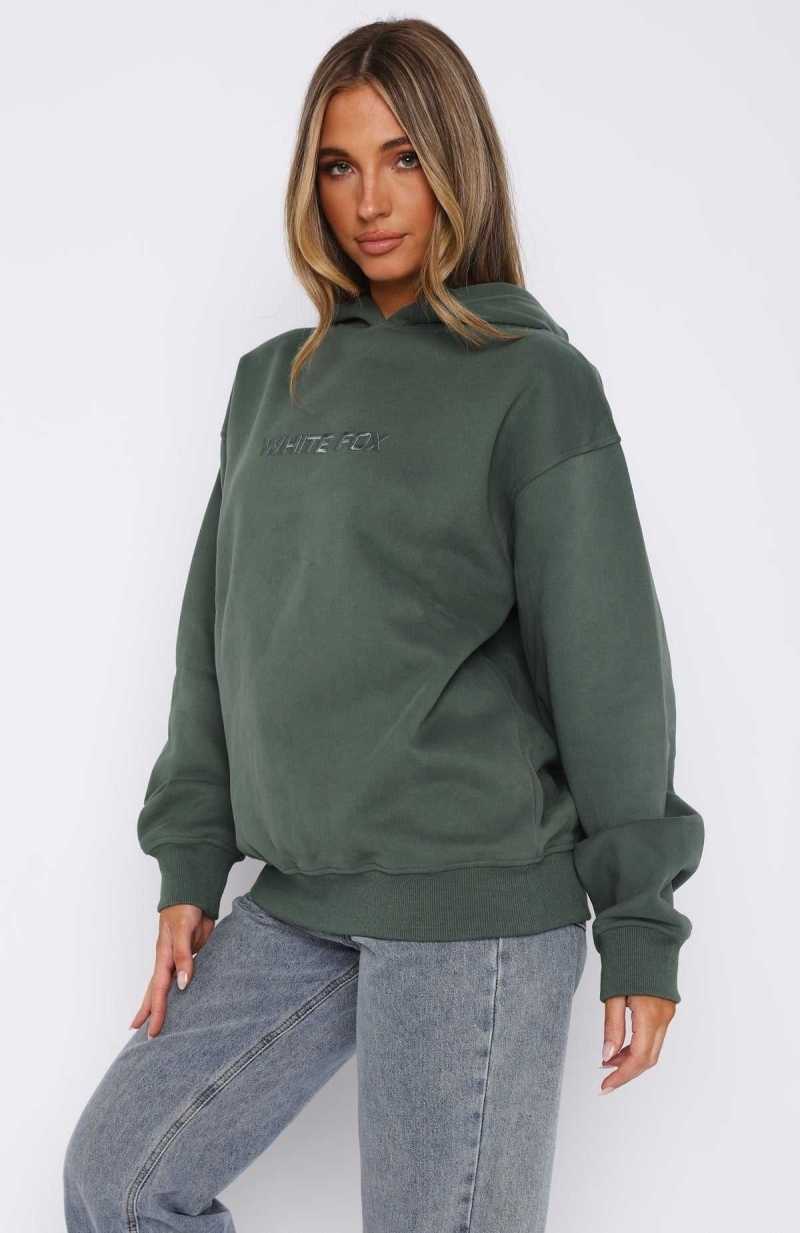 White Fox Stay Lifted Oversized Hoodie Dark Green | ZVQFBP-236