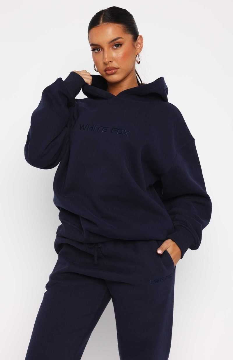 White Fox Stay Lifted Oversized Hoodie Navy | QPNDZH-431