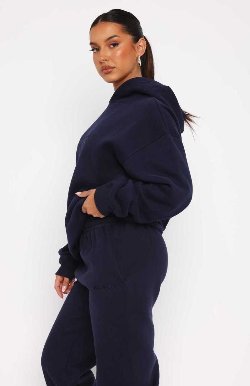 White Fox Stay Lifted Oversized Hoodie Navy | QPNDZH-431