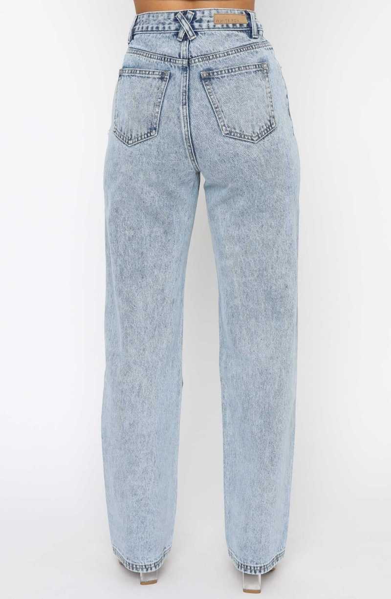White Fox Take My Time High Rise Straight Leg Jeans Washed Blue | AOPGMW-690