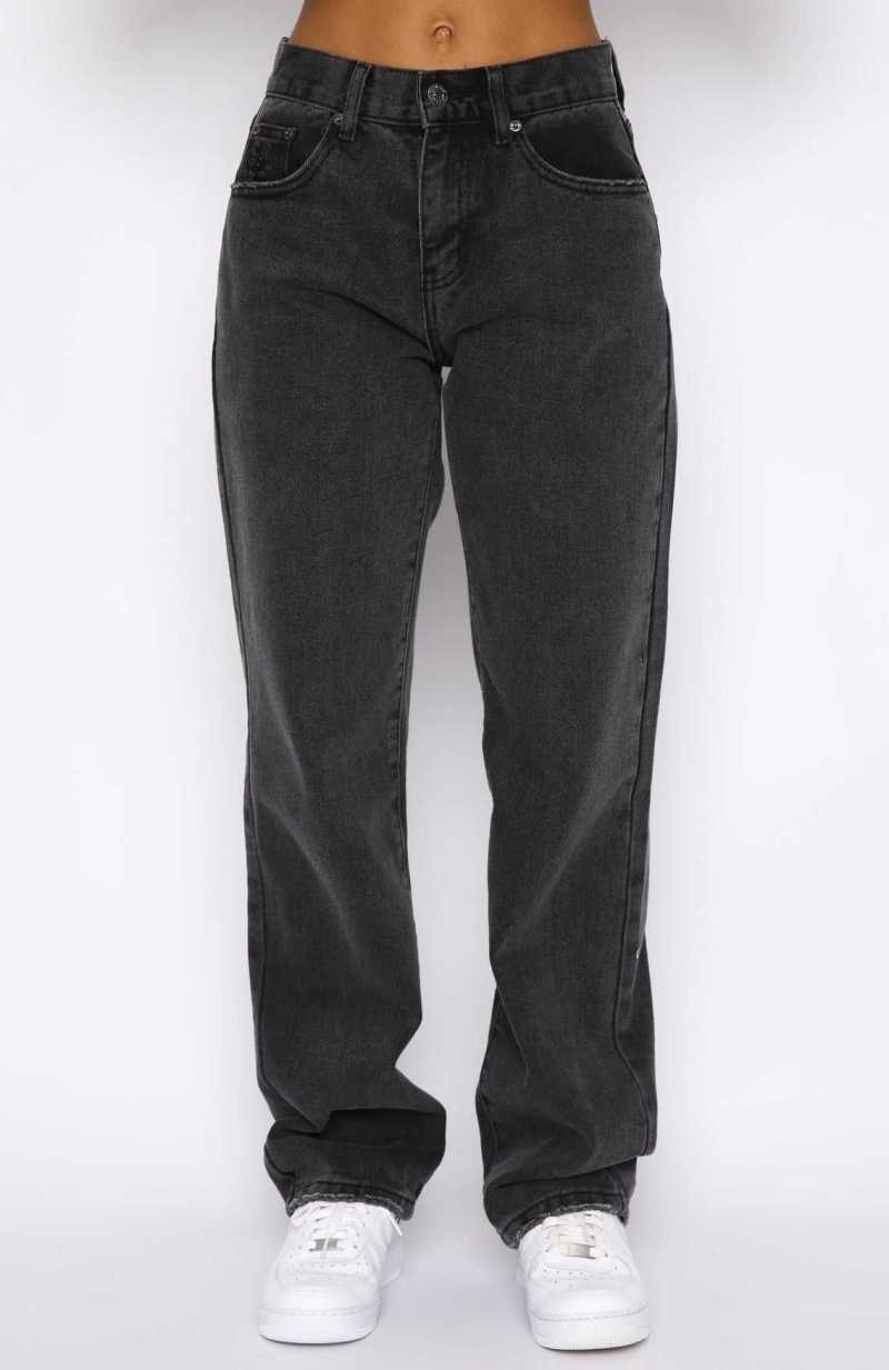 White Fox Taking A Trip Mid Rise Straight Leg Jeans Acid Black | TPEJWR-971