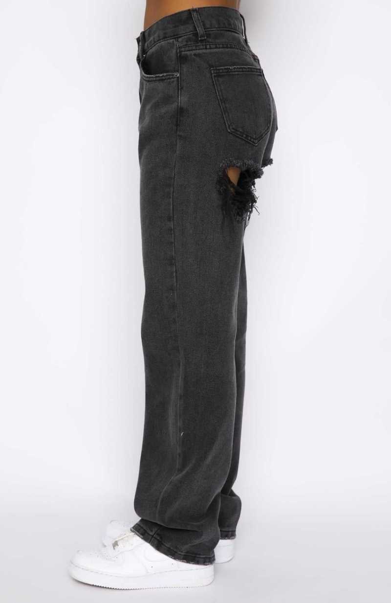 White Fox Taking A Trip Mid Rise Straight Leg Jeans Acid Black | TPEJWR-971