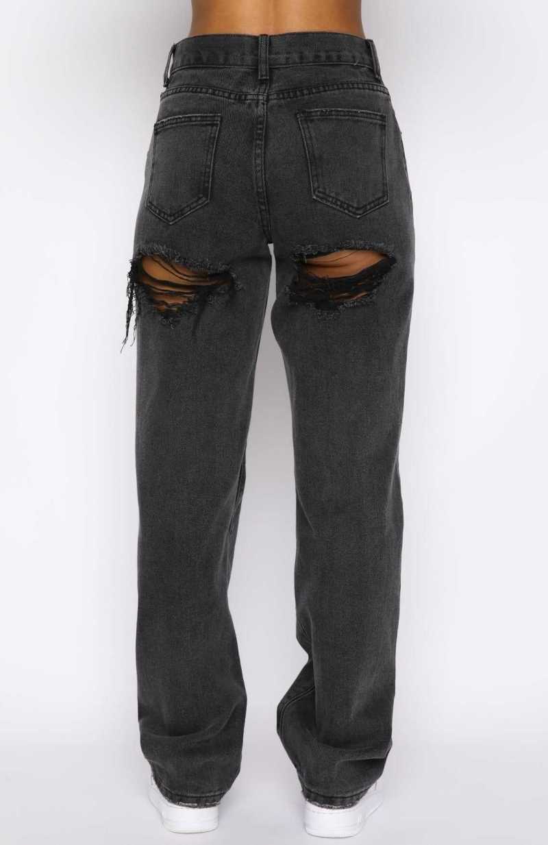White Fox Taking A Trip Mid Rise Straight Leg Jeans Acid Black | TPEJWR-971