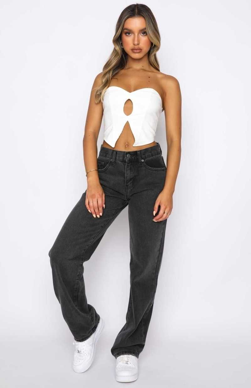 White Fox Taking A Trip Mid Rise Straight Leg Jeans Acid Black | TPEJWR-971
