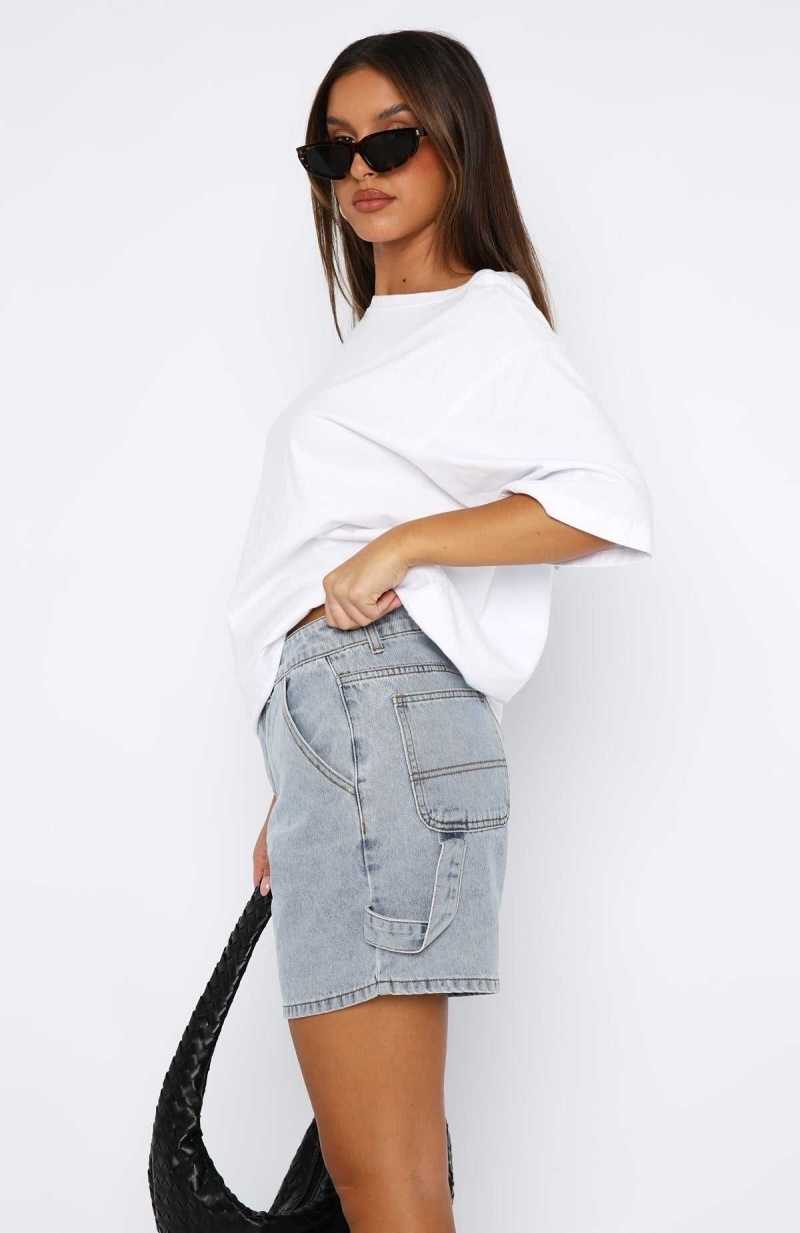 White Fox Time Well Spent Denim Shorts Light Blue | JUHMLI-056