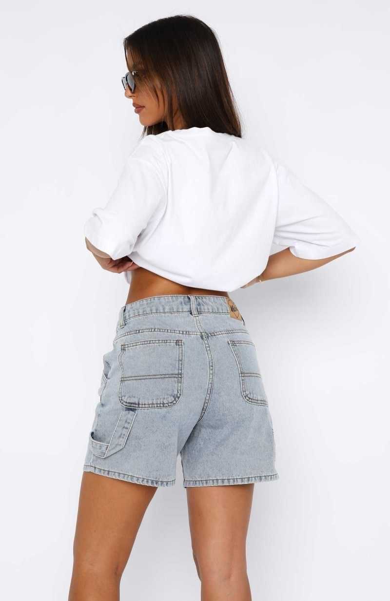 White Fox Time Well Spent Denim Shorts Light Blue | JUHMLI-056