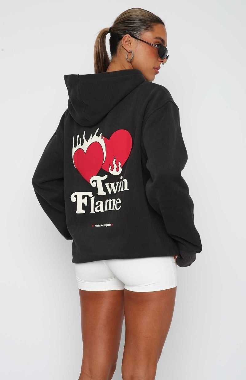 White Fox Twin Flame Oversized Hoodie Charcoal | MGHKNU-391