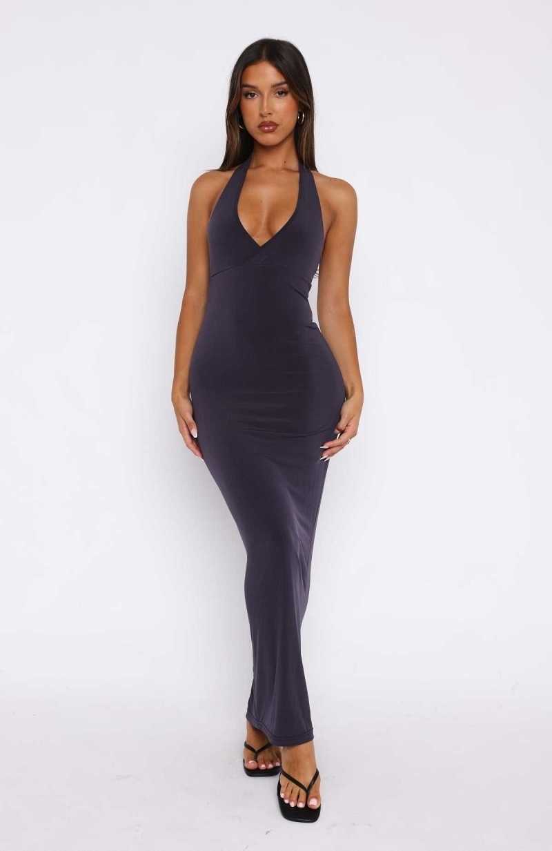 White Fox We All Want More Halter Neck Maxi Dress Charcoal Blue | XPKORU-472