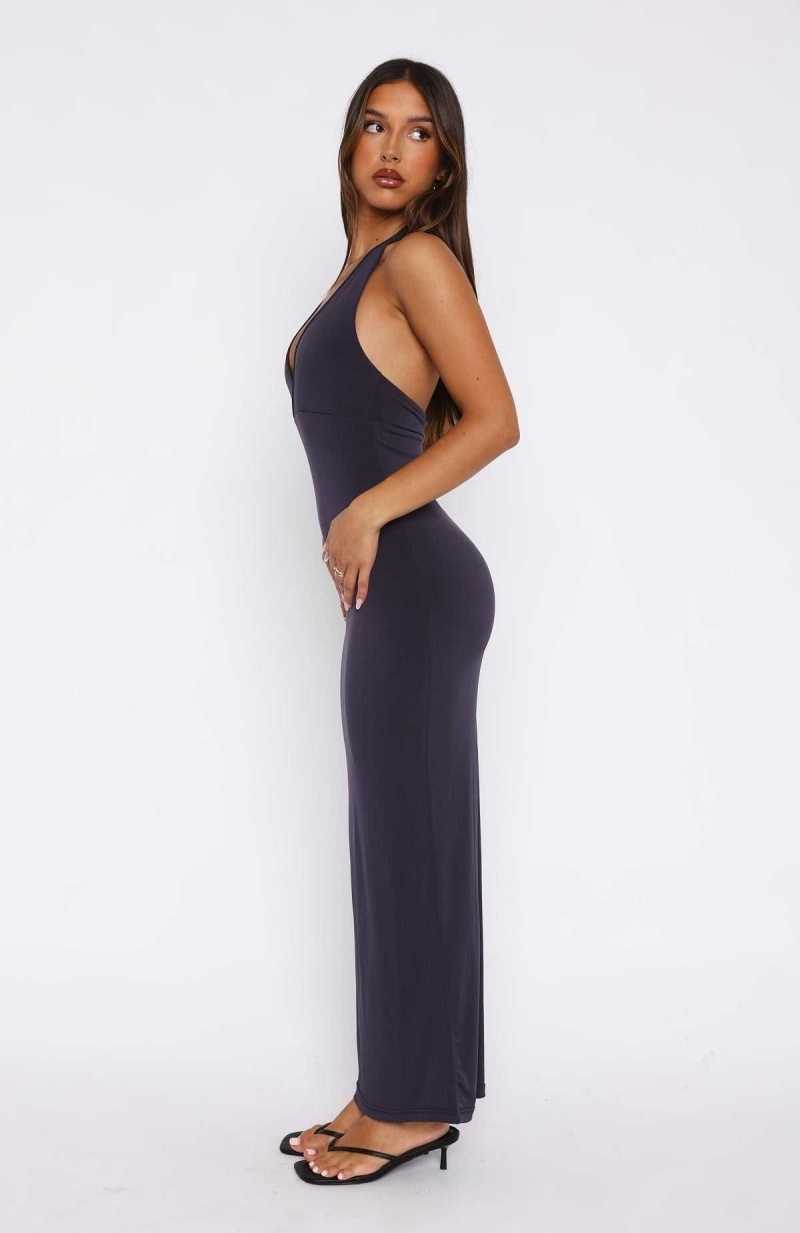 White Fox We All Want More Halter Neck Maxi Dress Charcoal Blue | XPKORU-472