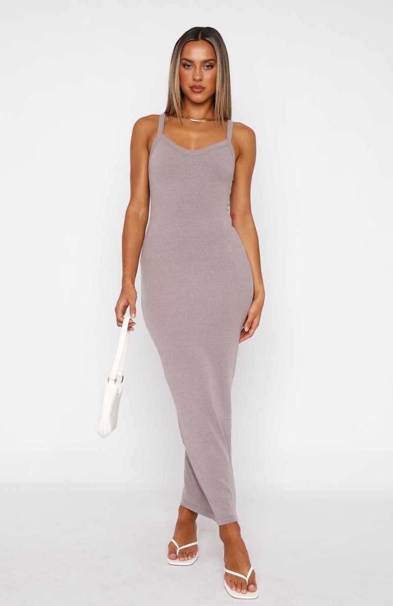 White Fox We Can Work It Out Ribbed Maxi Dress Taupe | KCBDGW-523
