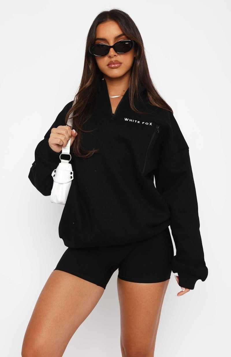 White Fox Where Did You Go Zip Front Sweater Black | SOMVRA-740