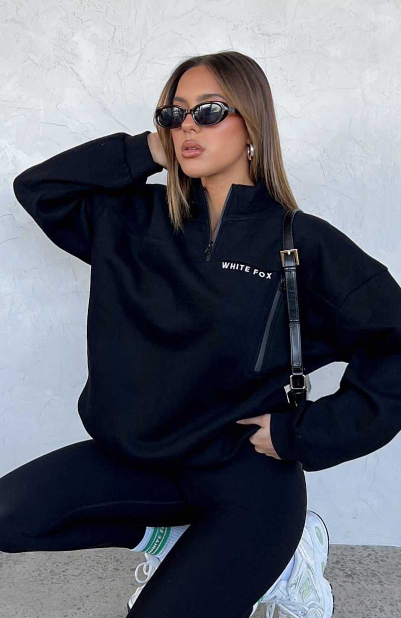 White Fox Where Did You Go Zip Front Sweater Black | SOMVRA-740