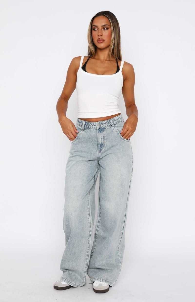 White Fox Willow Mid Rise Wide Leg Jeans Light Blue Acid Wash | ZKTLWS-241