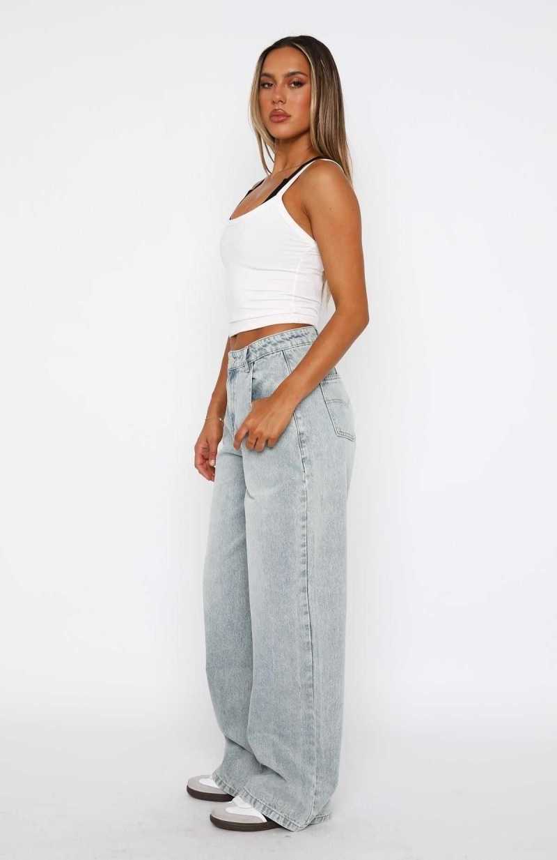White Fox Willow Mid Rise Wide Leg Jeans Light Blue Acid Wash | ZKTLWS-241