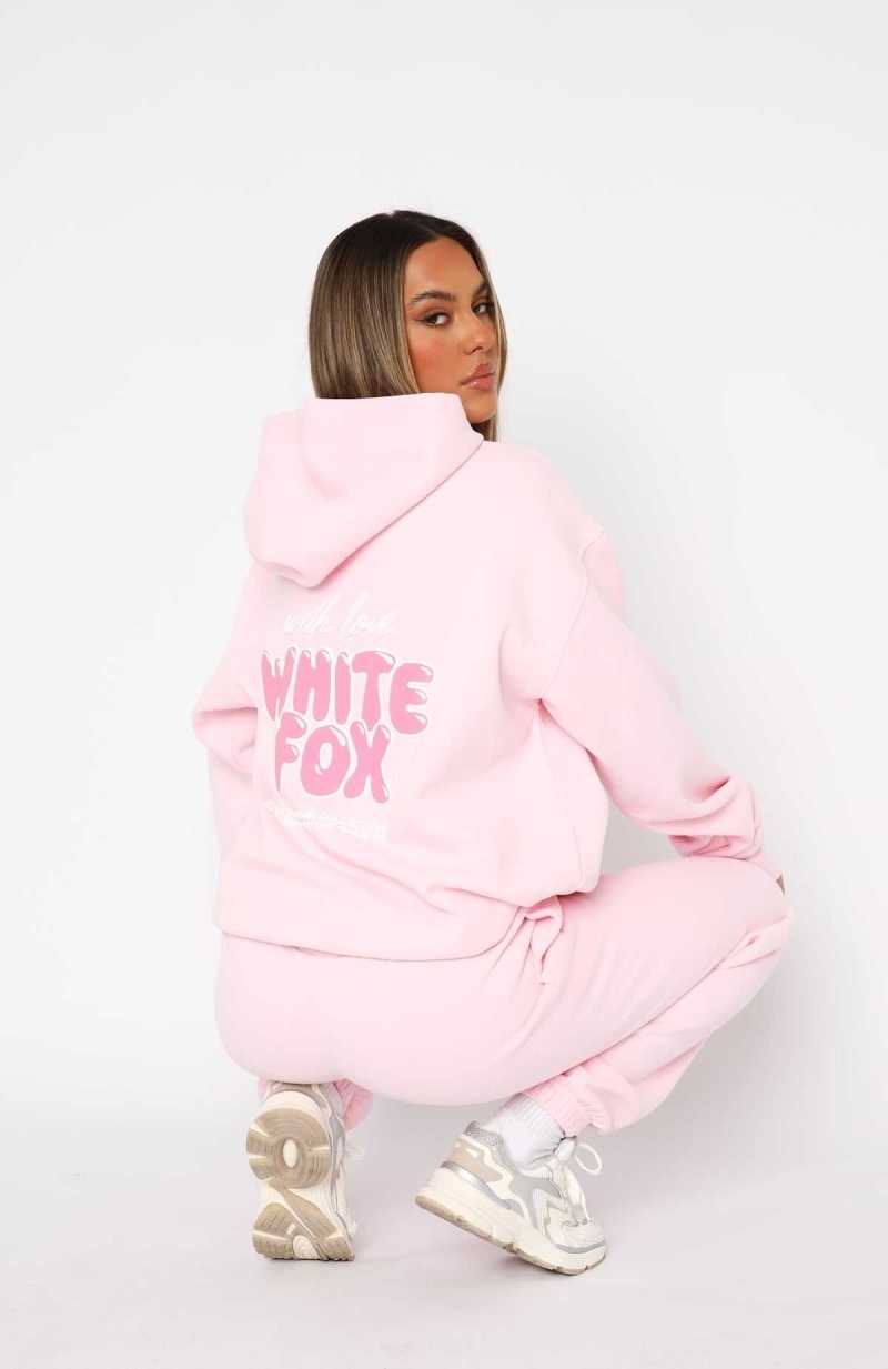 White Fox With Love Always Oversized Hoodie Baby Pink | NVMEZF-218