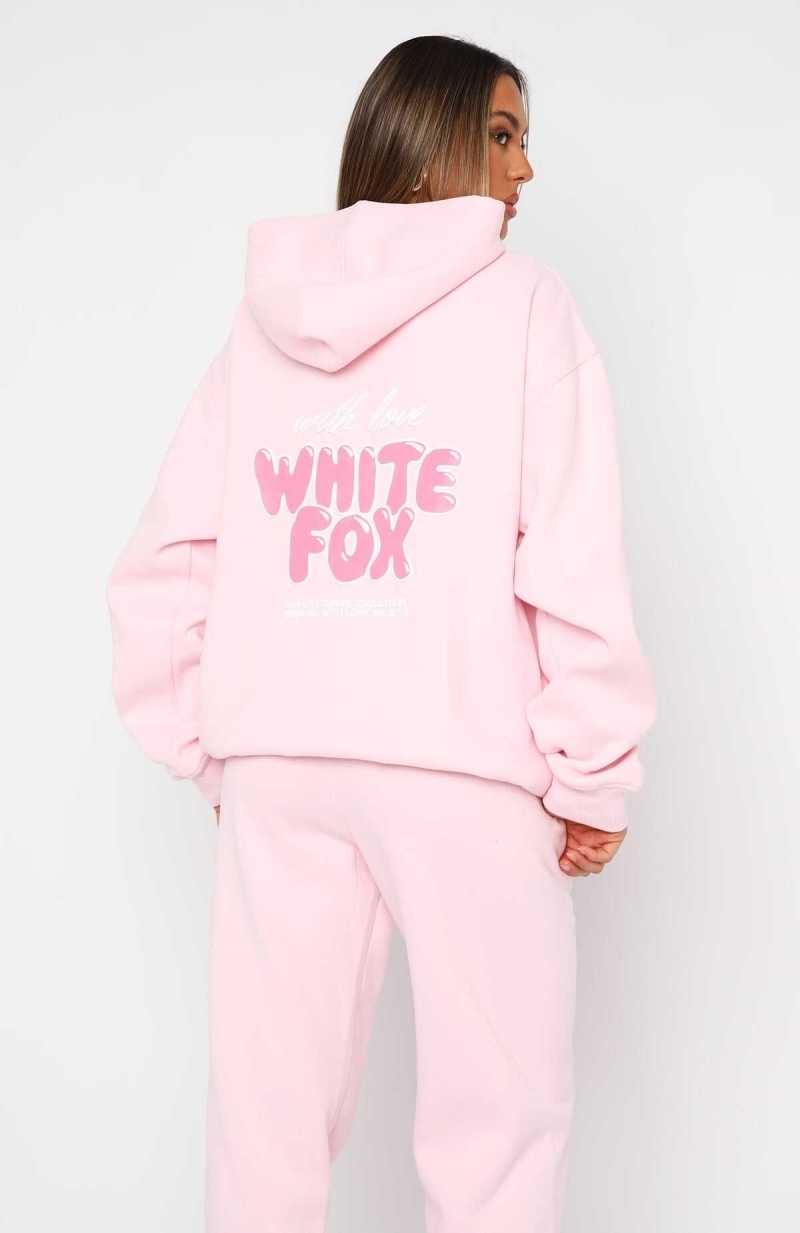 White Fox With Love Always Oversized Hoodie Baby Pink | NVMEZF-218