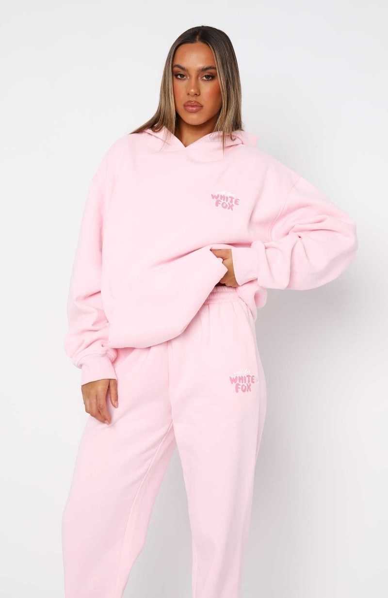 White Fox With Love Always Oversized Hoodie Baby Pink | NVMEZF-218