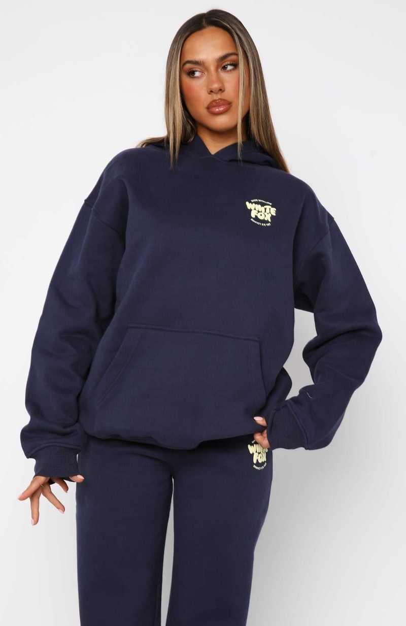 White Fox With Love For You Oversized Hoodie Navy | WCBDXJ-283