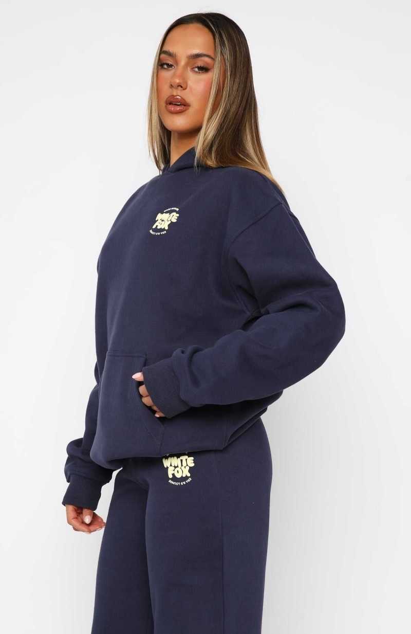 White Fox With Love For You Oversized Hoodie Navy | WCBDXJ-283