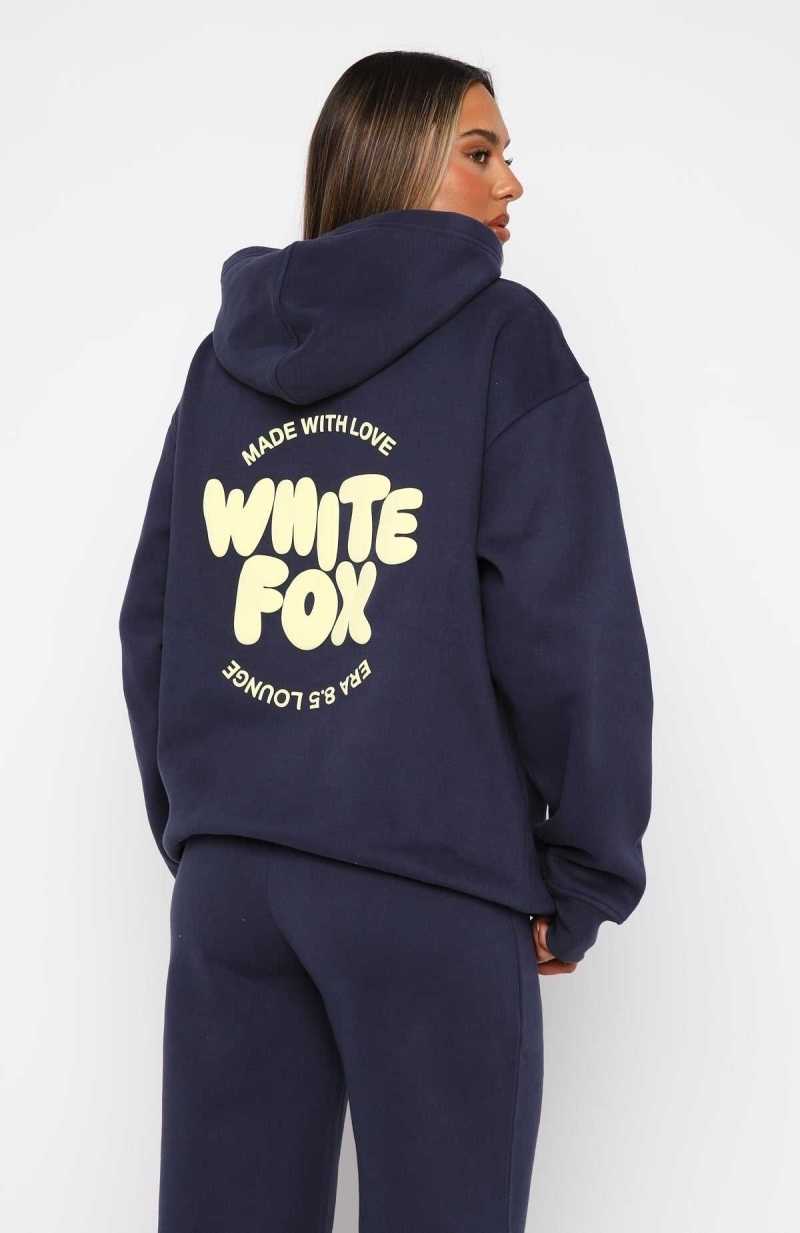 White Fox With Love For You Oversized Hoodie Navy | WCBDXJ-283